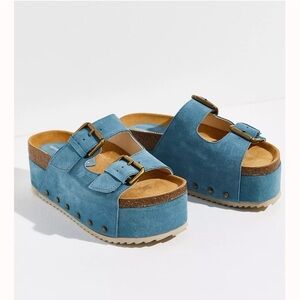 New Free People Rule Breaker Platform Sandals Suede Blue EUR 39